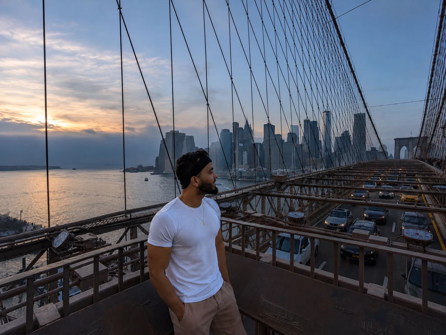 Muhammad Hassan on the Brooklyn Bridge at sunset